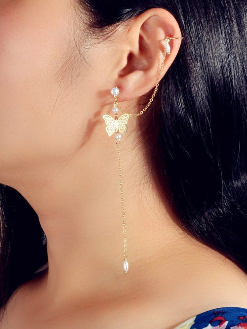 1pc Crystal Pearl Butterfly Long Chain Cartilage Stud Earring Stunning Ear Cuff