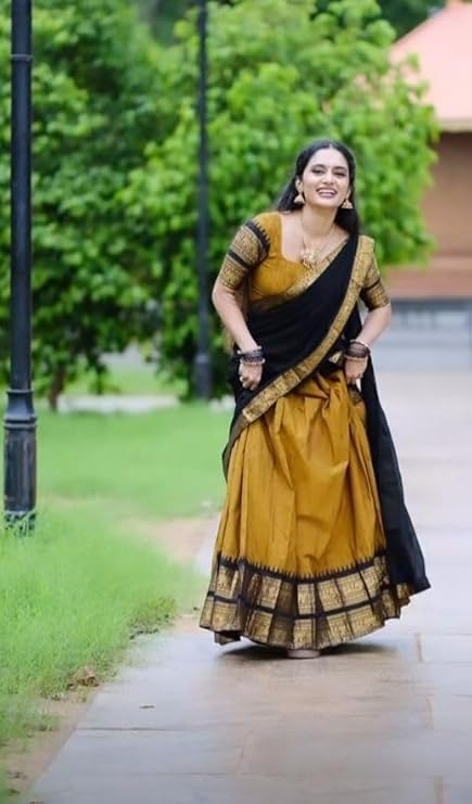 RENVAANI Women's Traditional Kanjivaram Kanchipuram Silk Zari Weaving Unstitched Lehenga Choli with Dupatta