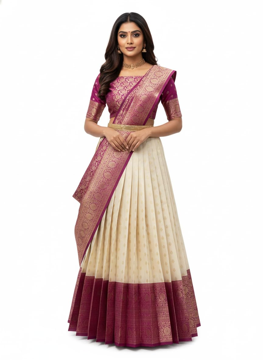 RENVAANI Women's Traditional Kanjivaram Kanchipuram Silk Zari Weaving Unstitched Lehenga Choli with Dupatta
