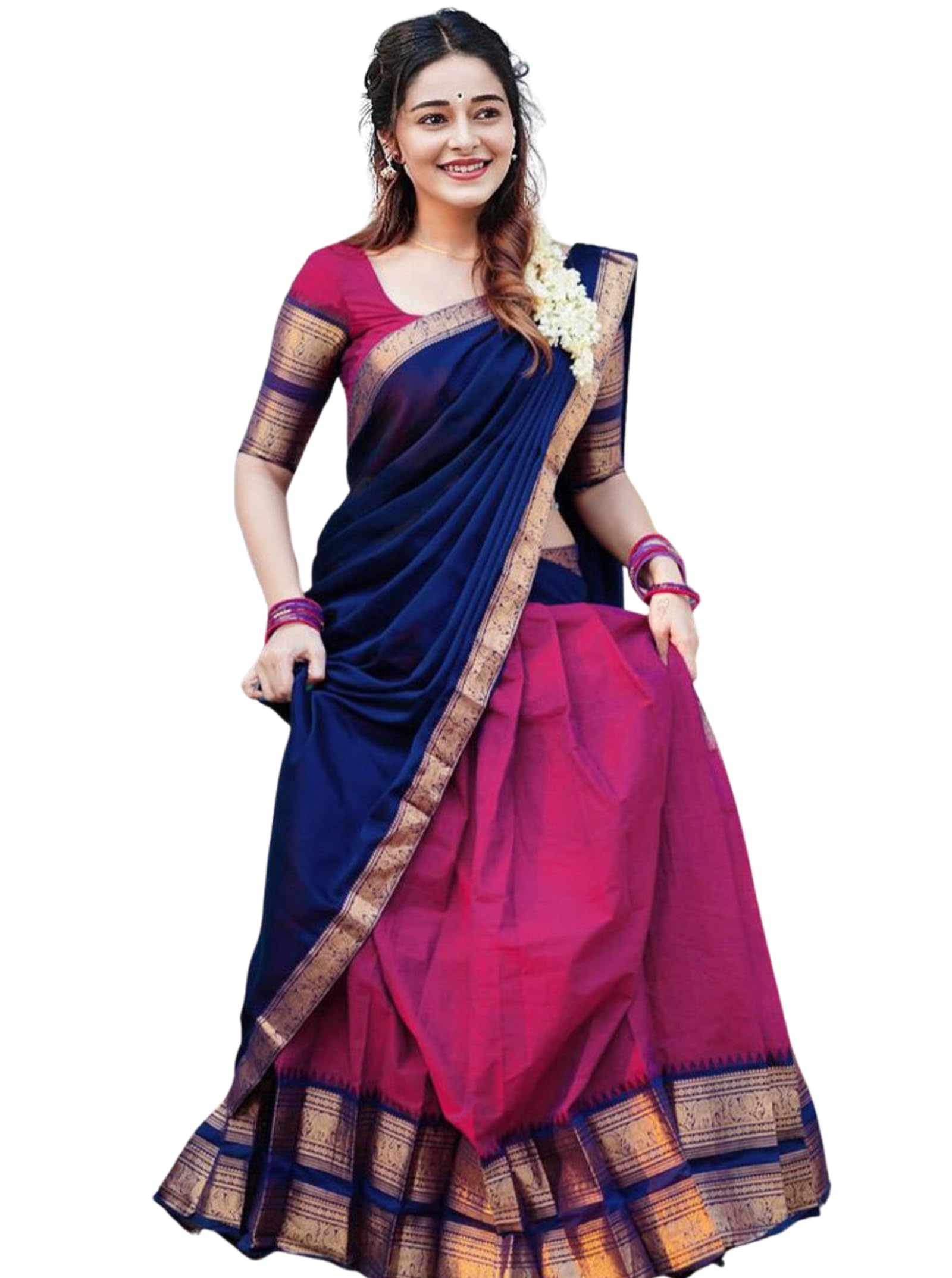 RENVAANI Women's Traditional Kanjivaram Kanchipuram Silk Zari Weaving Unstitched Lehenga Choli with Dupatta