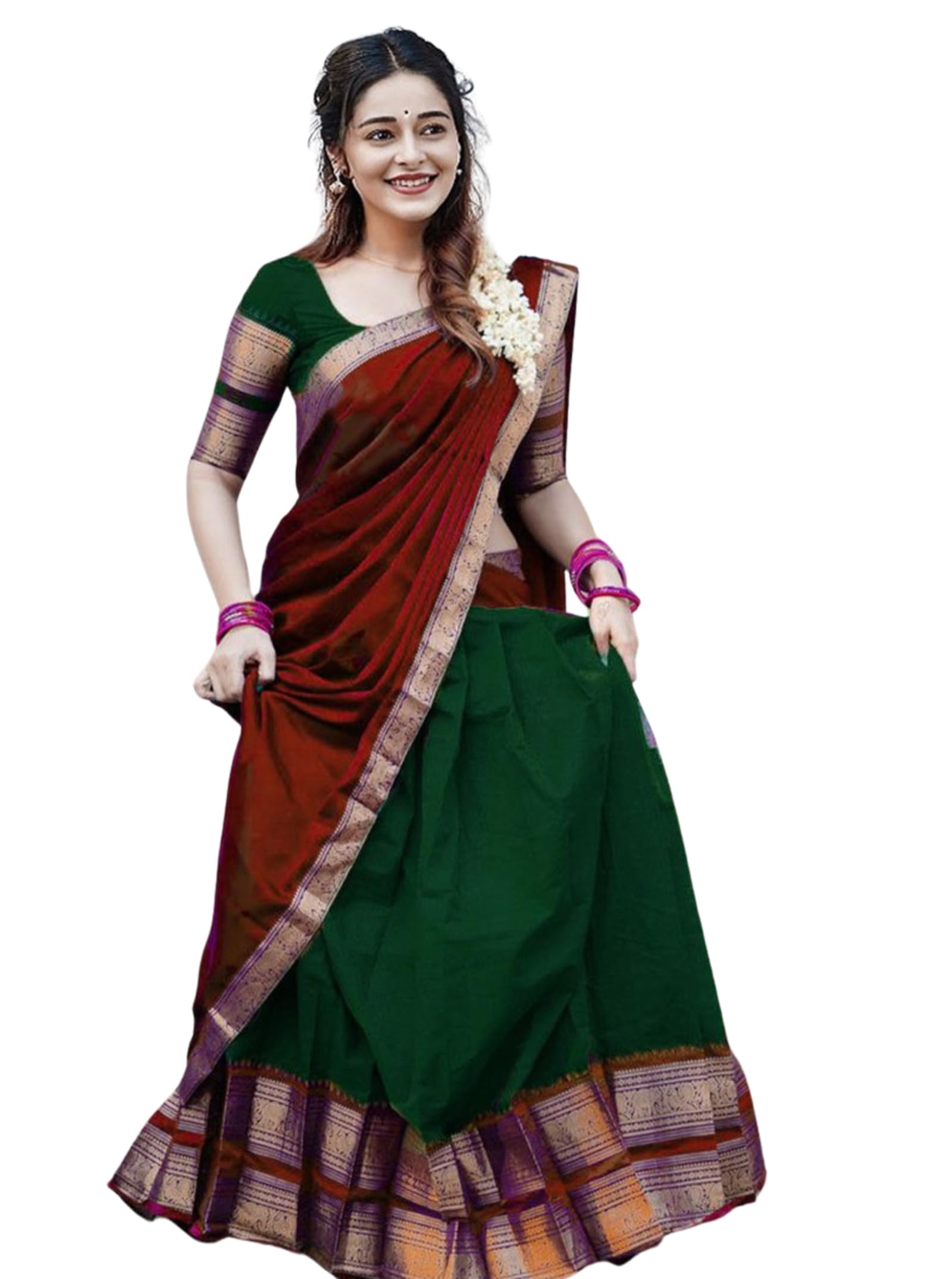 RENVAANI Women's Traditional Kanjivaram Kanchipuram Silk Zari Weaving Unstitched Lehenga Choli with Dupatta