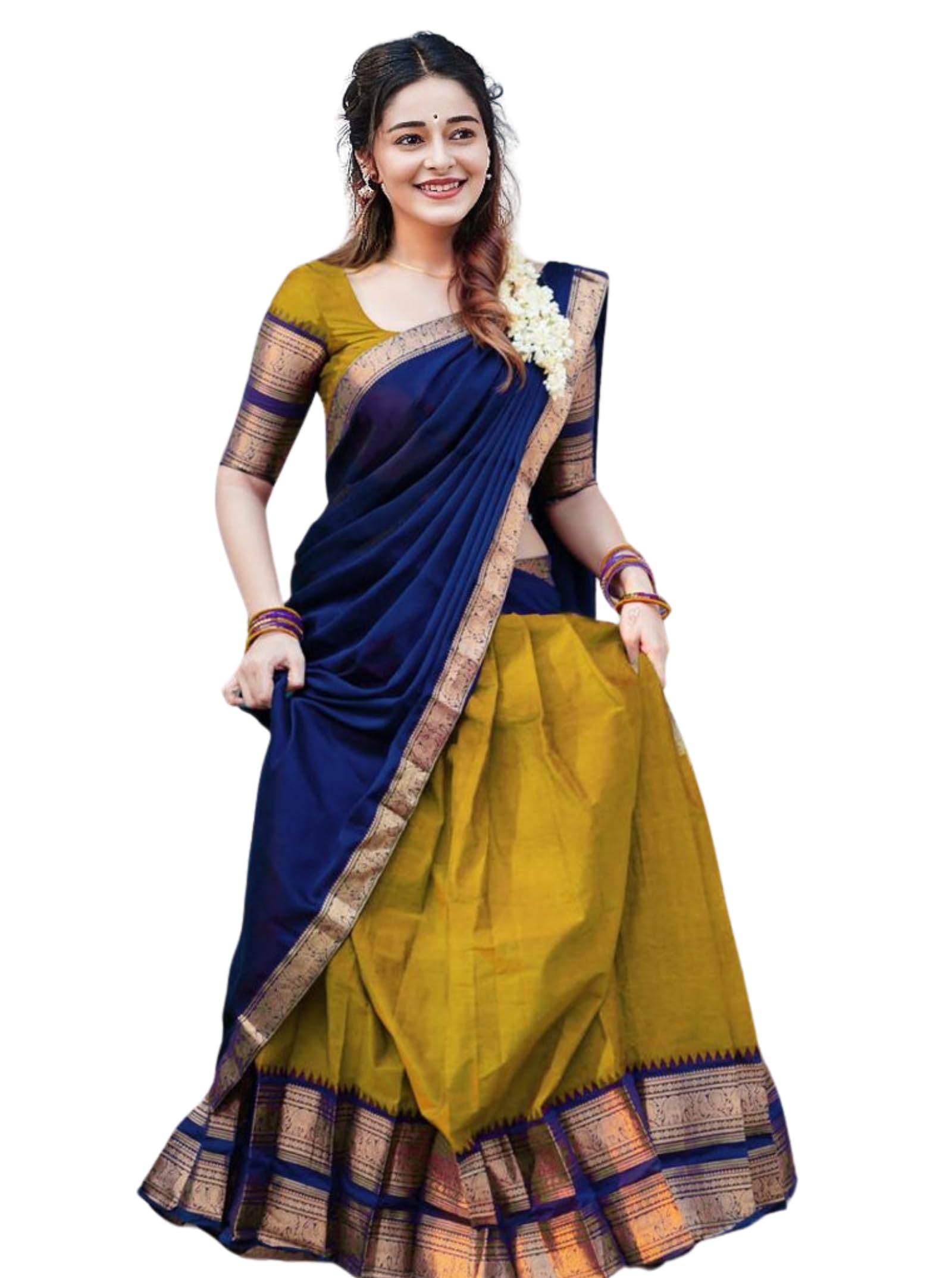 RENVAANI Women's Traditional Kanjivaram Kanchipuram Silk Zari Weaving Unstitched Lehenga Choli with Dupatta