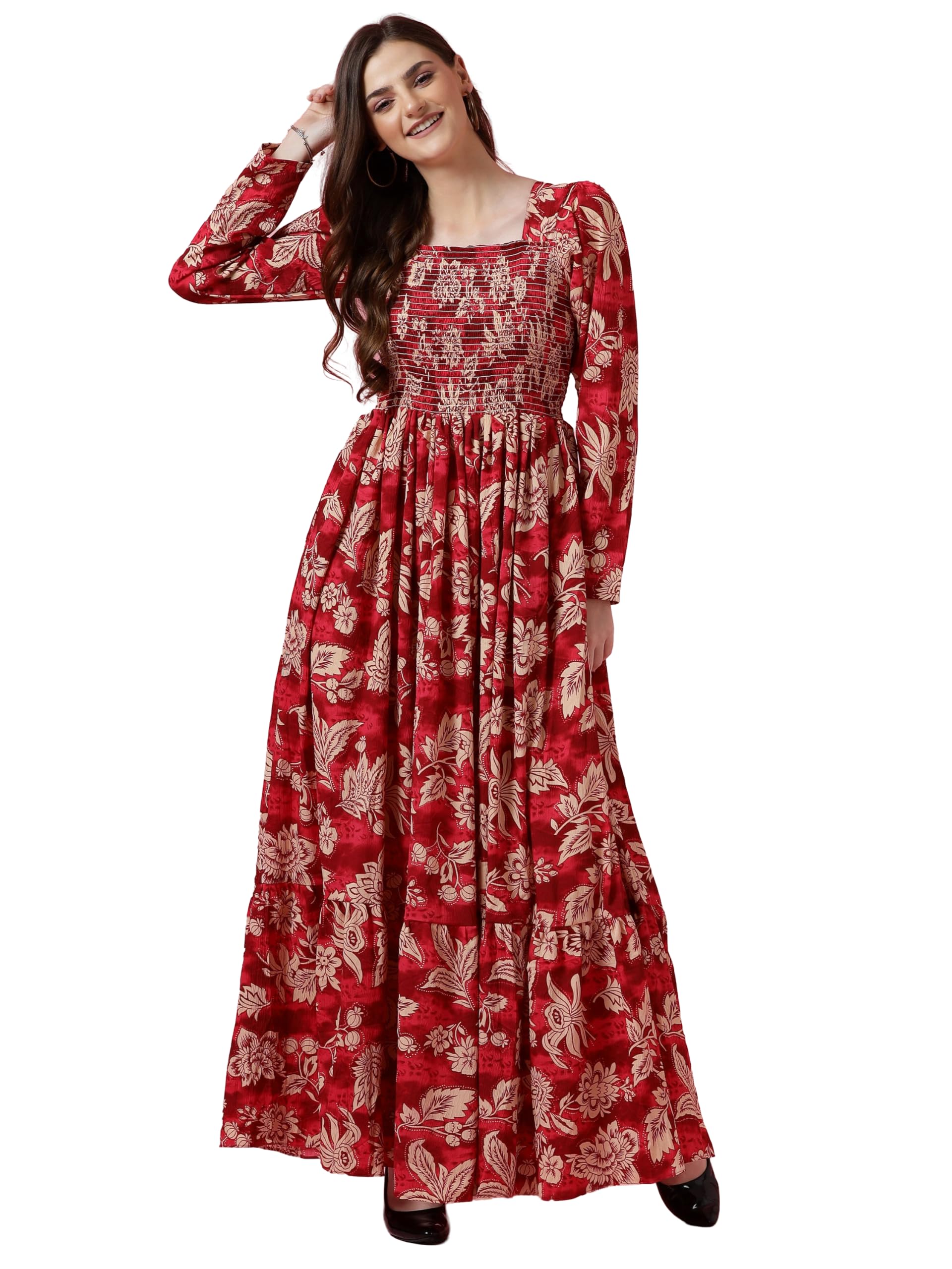 Sheetal Associates Crepe Women's Mix Floral Printed Grown with Regular Sleeves Full Lenth and Square Neck | Beach Tipe Dress