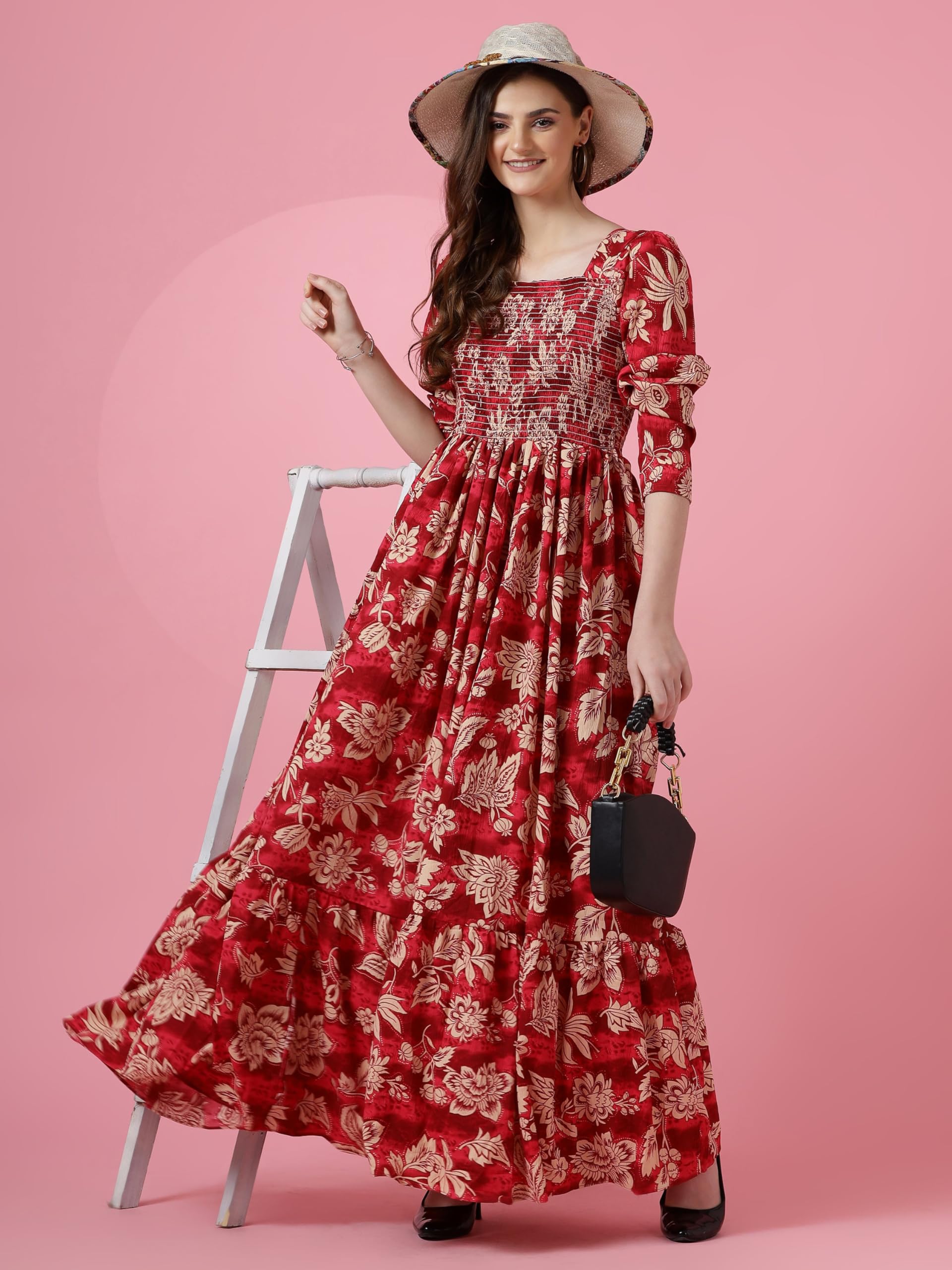 Sheetal Associates Crepe Women's Mix Floral Printed Grown with Regular Sleeves Full Lenth and Square Neck | Beach Tipe Dress